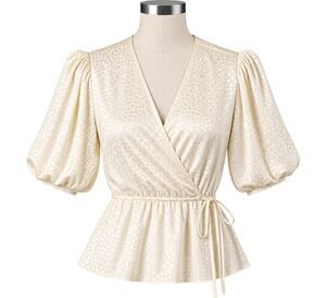 Rebecca Minkoff Mary Ivory Jacquard Satin Puff Sleeve Wrap Top - Size M
